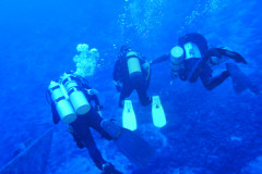 Gruppe von Tauchern beim Abtauchen im Roten Meer.