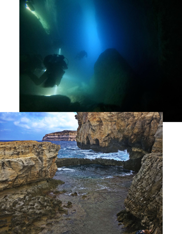Tauchen auf Gozo: Inland-Sea Unterwasser und Blue Hole von oben